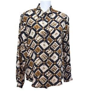 Vintage Robbie Bee Geometric Print Button Down 100% silk Blouse, classic